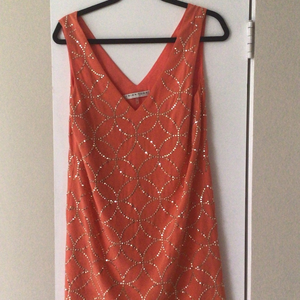 Trina Turk Orange V-Neck Dress with Gold Stud Pattern